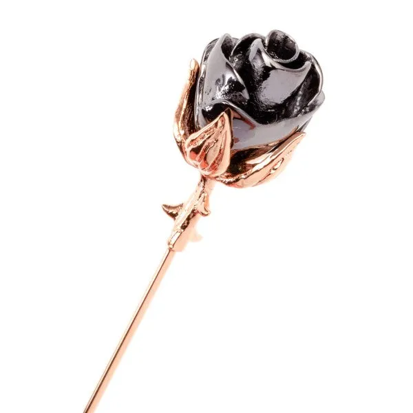 Tateossian Gunmetal Black Rose Petals With Rose Gold Plated Leaves and Stem Lapel Pin
