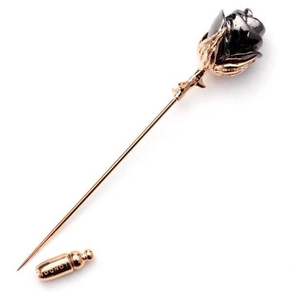 Tateossian Gunmetal Black Rose Petals With Rose Gold Plated Leaves and Stem Lapel Pin