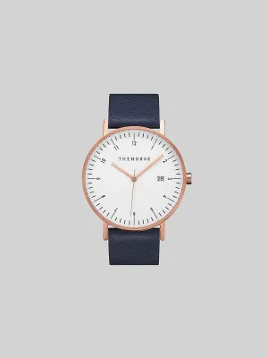 The Horse D-Series Brushed Rose Gold Navy Leather Watch