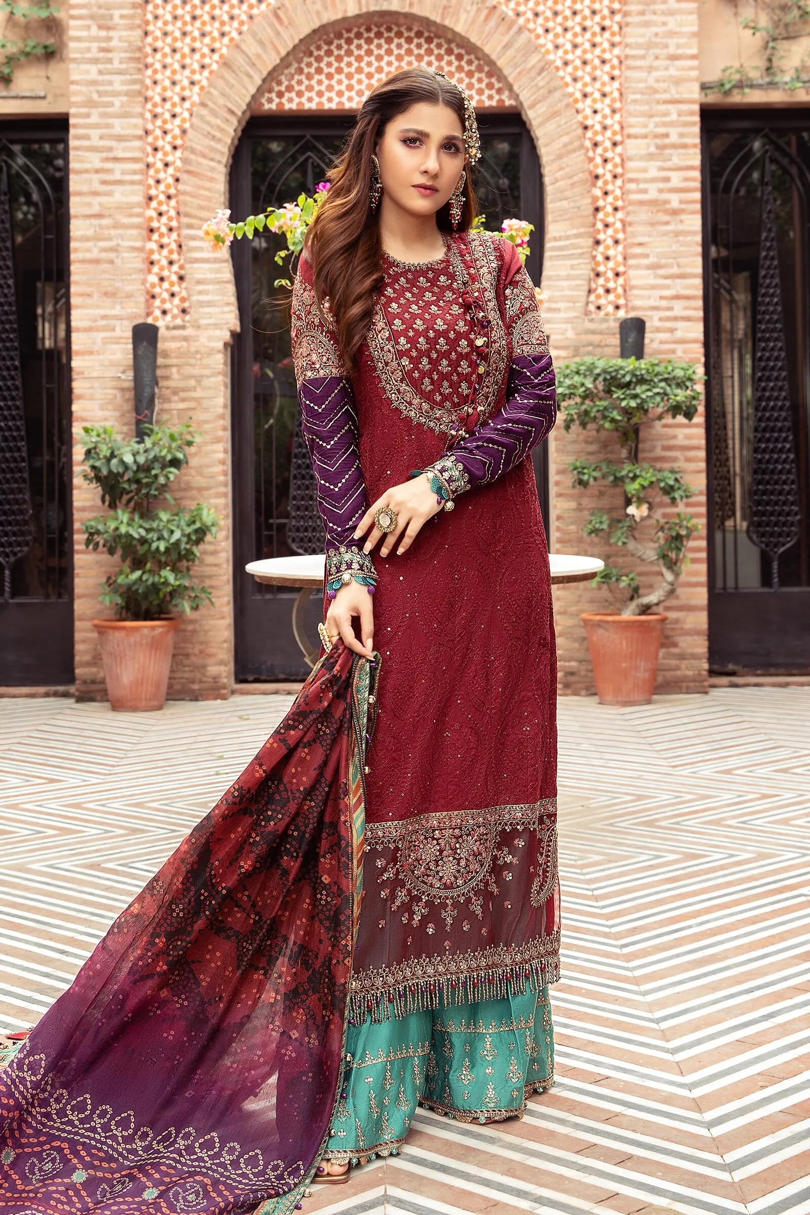 Unstitched Sateen CST-401-Maroon | MariaB Sateen Cotton Collection 2021 | Unstitched Embroidered Cotton Satin Suits