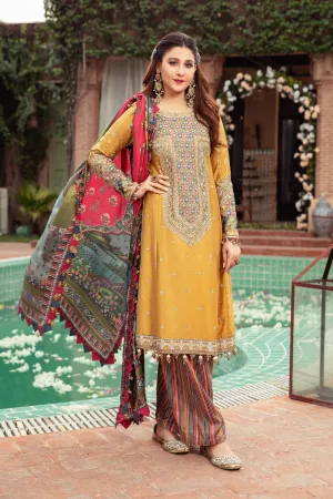 Unstitched Sateen CST-406-Mustard | MariaB Sateen Cotton Collection 2021 | Unstitched Embroidered Cotton Satin Suits