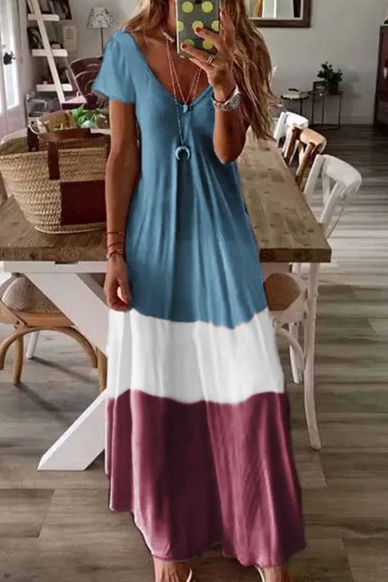 V Neck Cotton Colorblock Dress