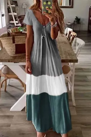 V Neck Cotton Colorblock Dress