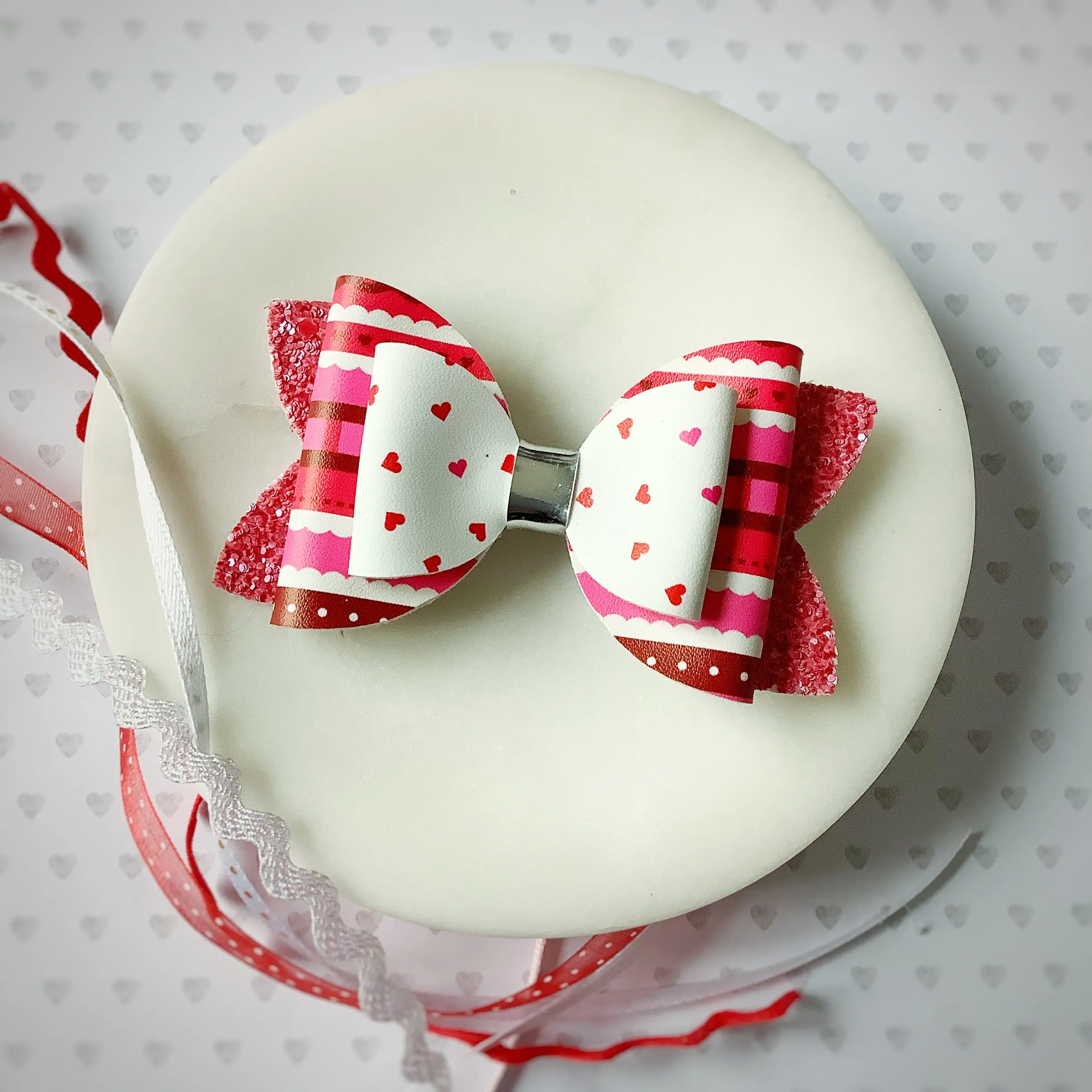 Valentine Hearts Faux Leather Bow