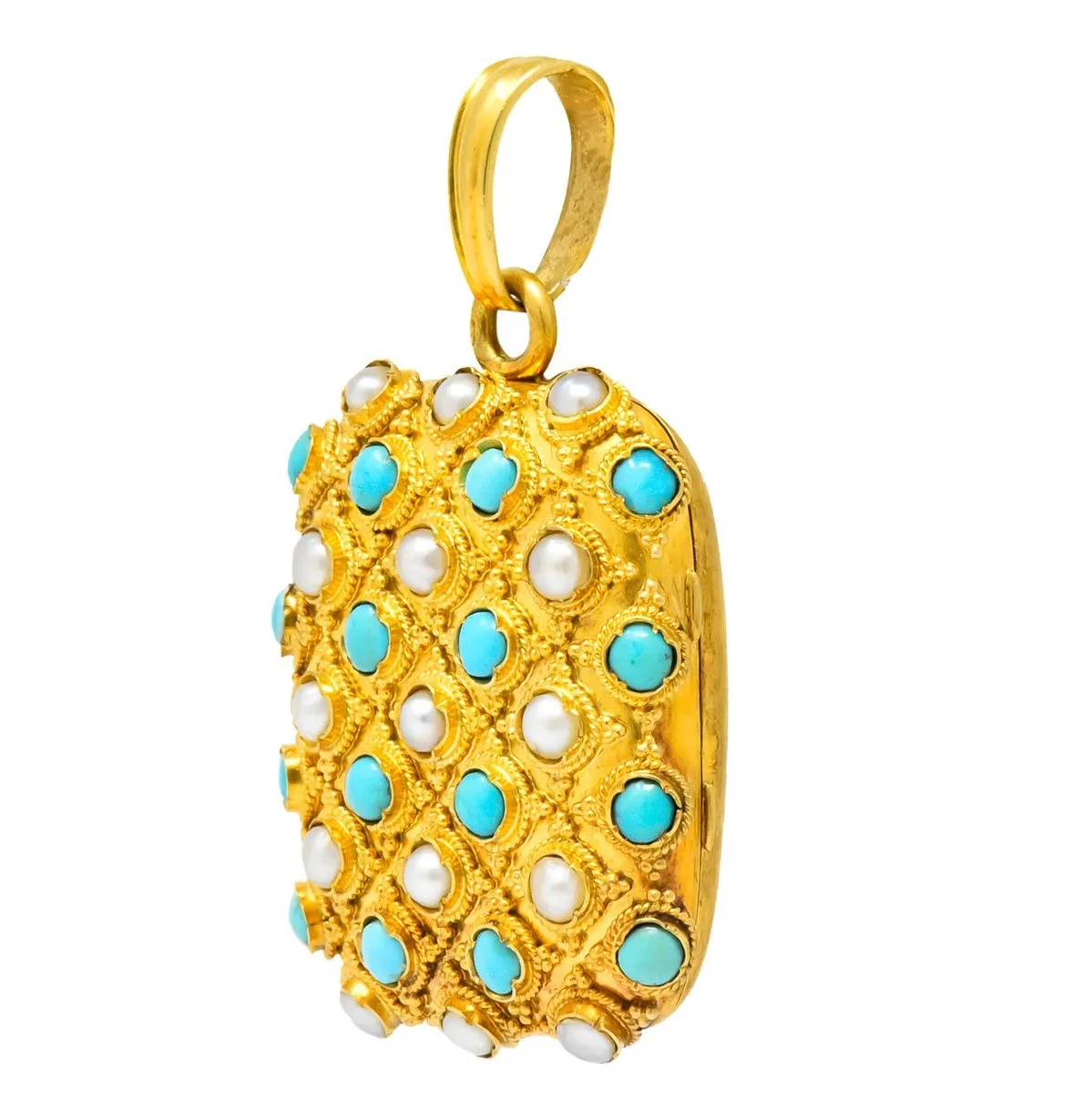Victorian Turquoise Pearl 18 Karat Gold French Locket Pendant