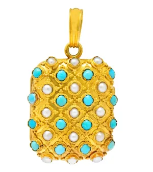Victorian Turquoise Pearl 18 Karat Gold French Locket Pendant