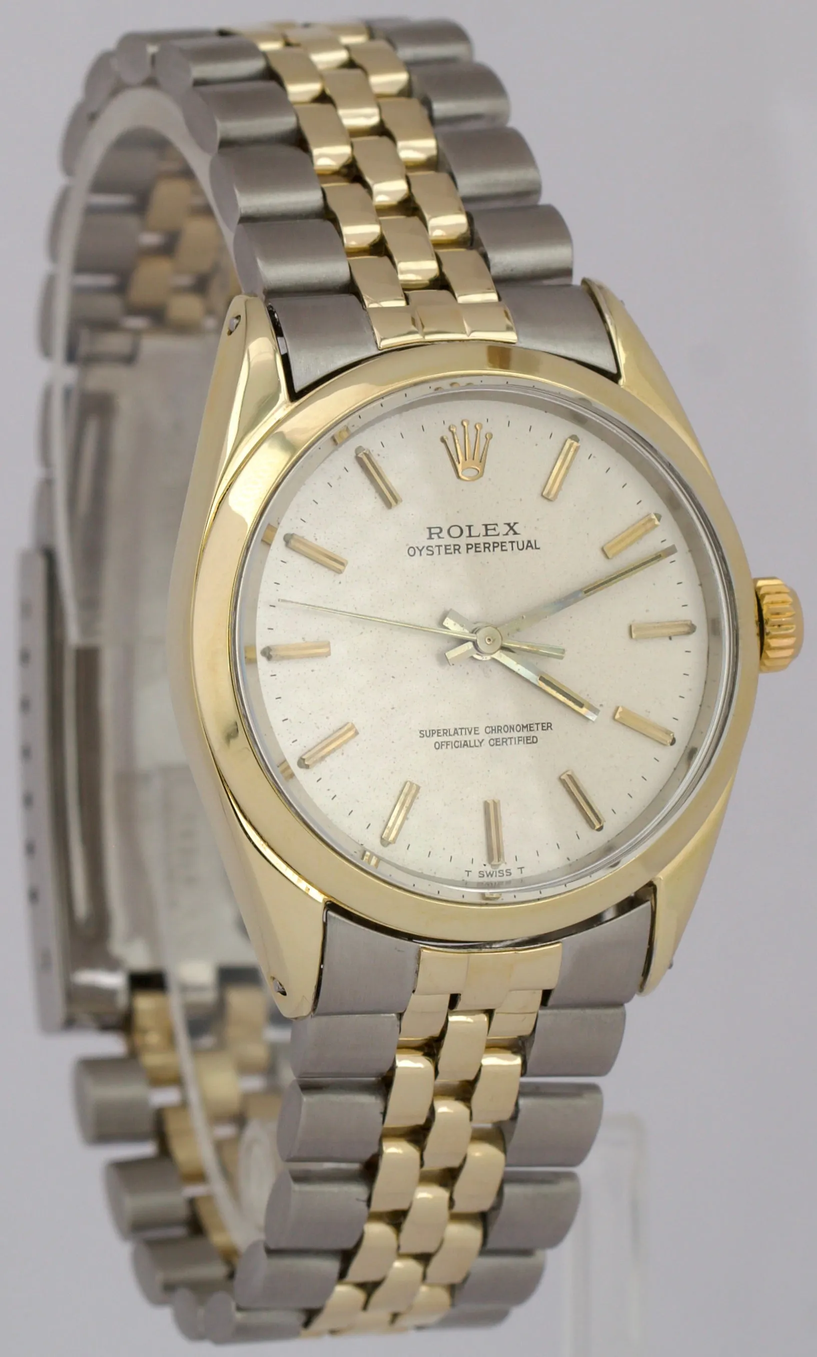 VINTAGE 1968 Rolex Oyster Perpetual SILVER 34mm 14K Gold Stainless Jubilee 1025