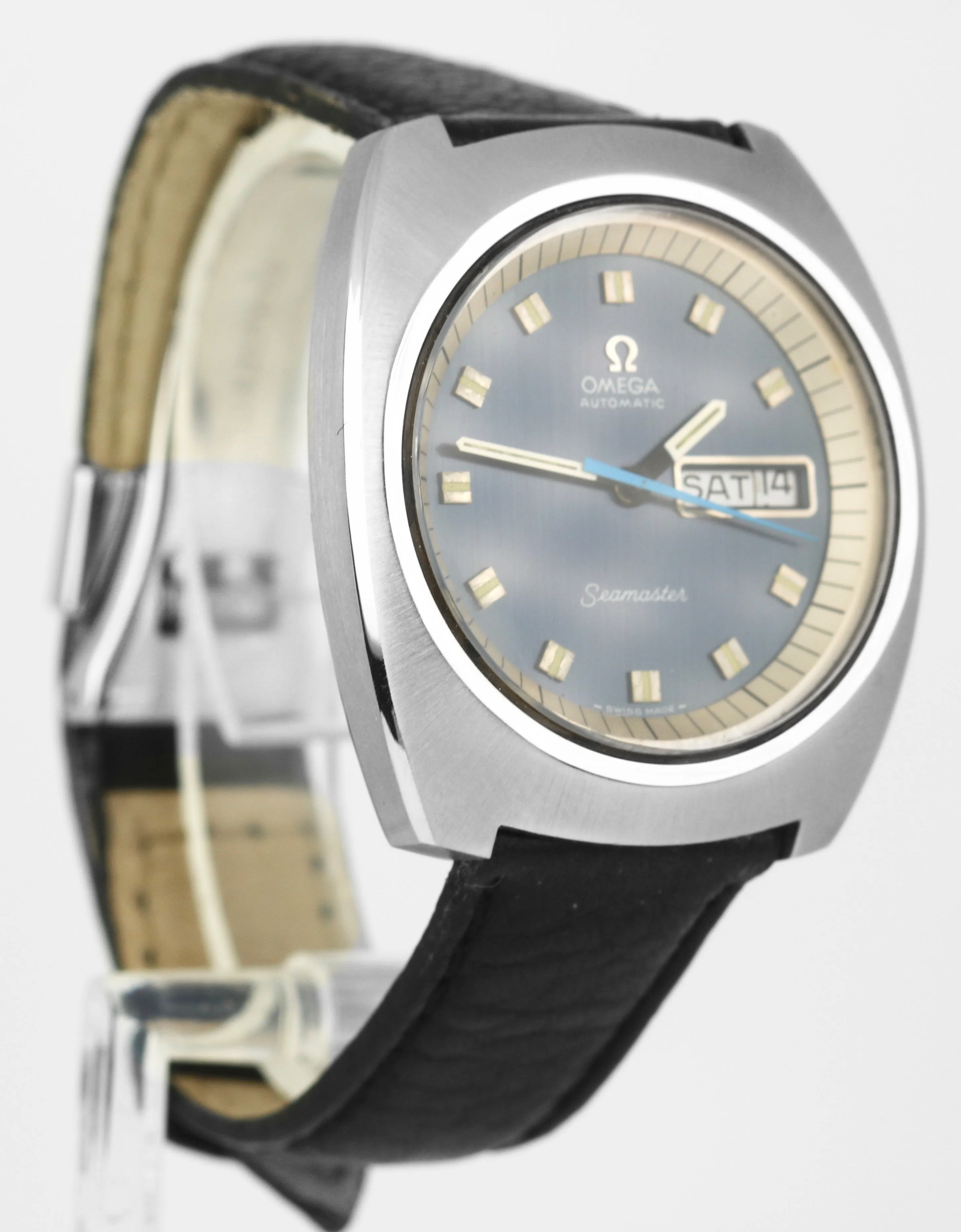 Vintage 1970 Omega Seamaster Day-Date Stainless Steel Blue 39.0mm Watch 166.111