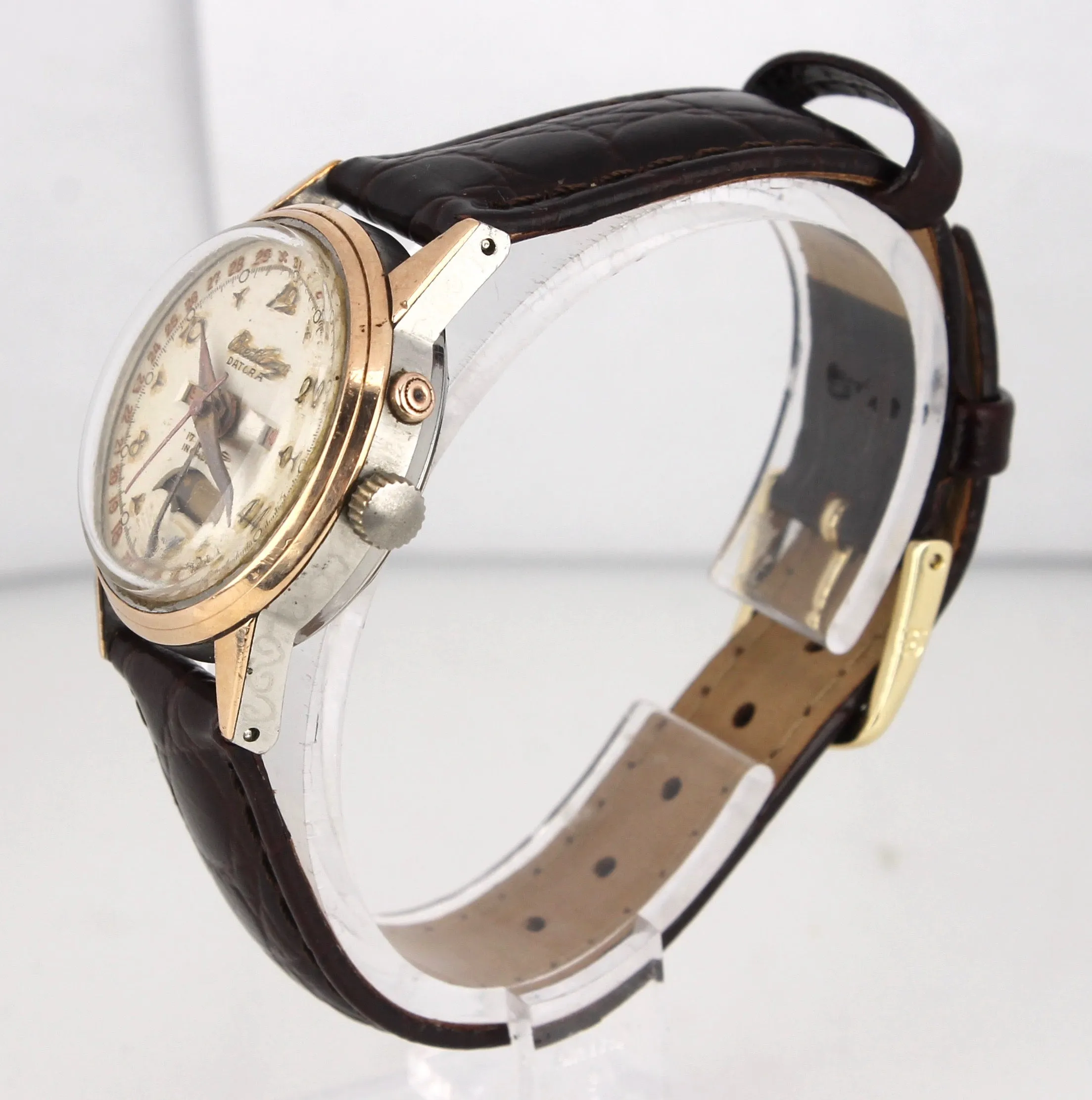 Vintage Breitling Datora Moonphase 244-94 Triple Date Rose Gold Stainless Watch