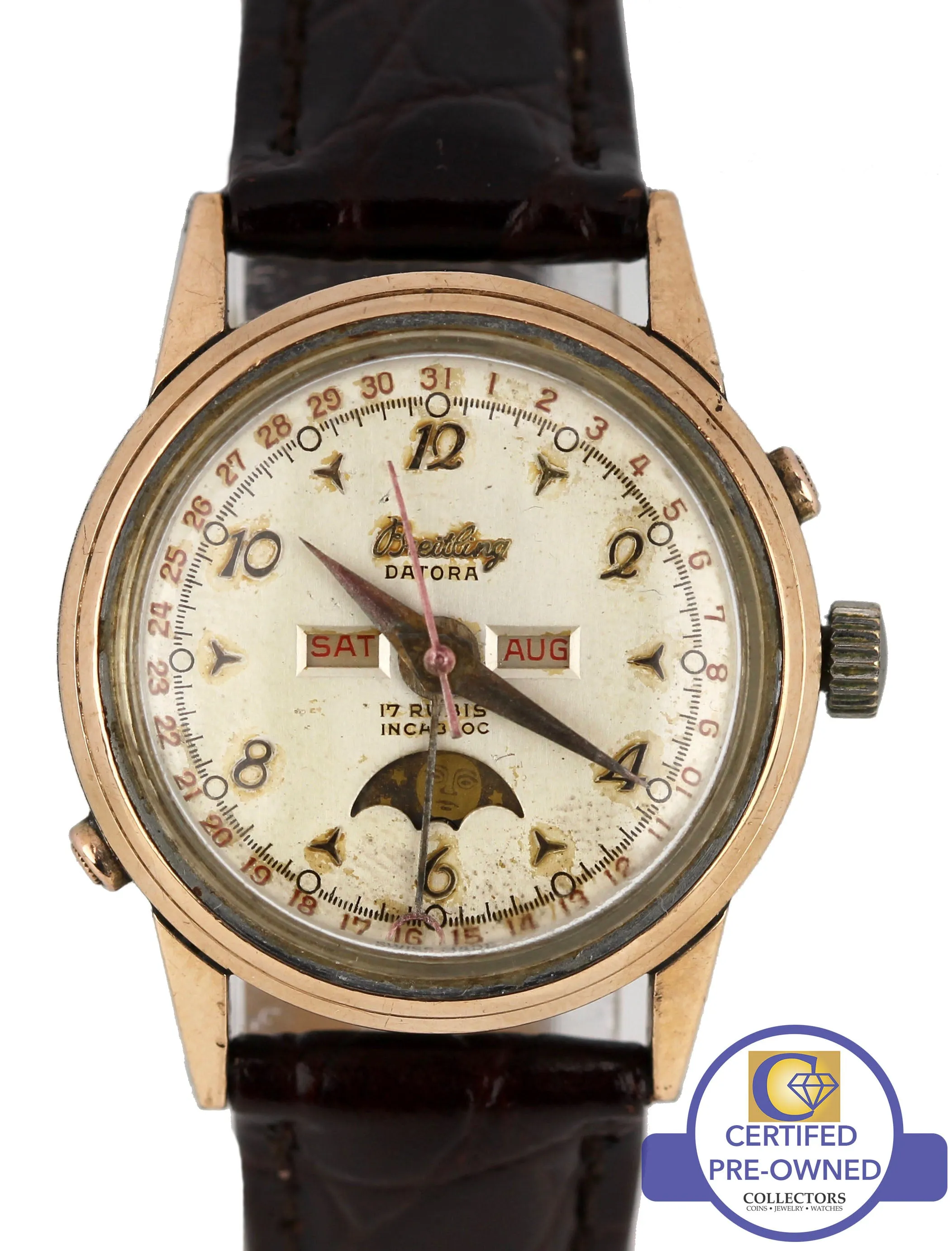 Vintage Breitling Datora Moonphase 244-94 Triple Date Rose Gold Stainless Watch