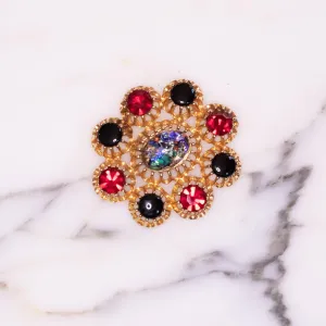 Vintage Emmons Gold Multicolored Red and Black Stone Oval Brooch
