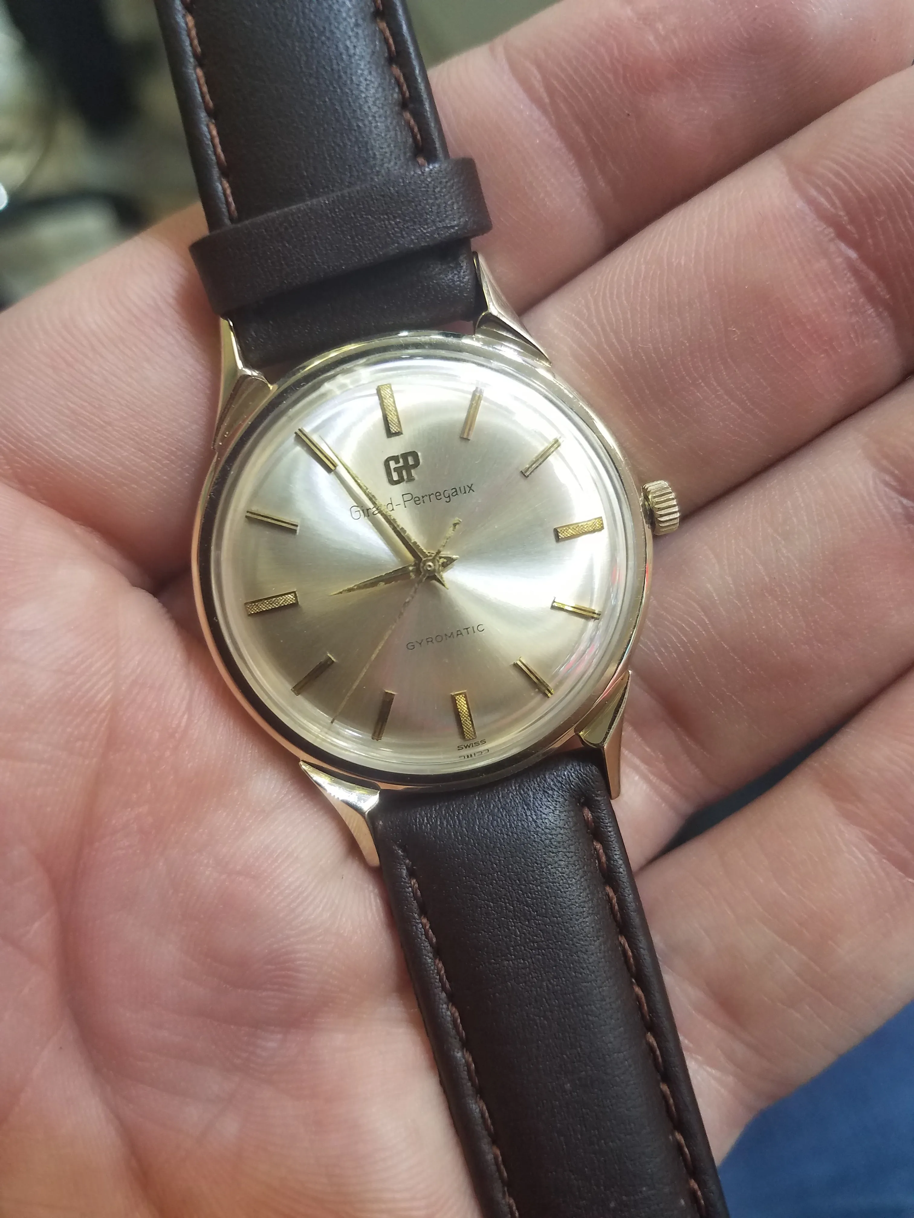 Vintage Girard Perregaux Gyromatic Silver 33mm 14K Yellow Gold Leather Watch