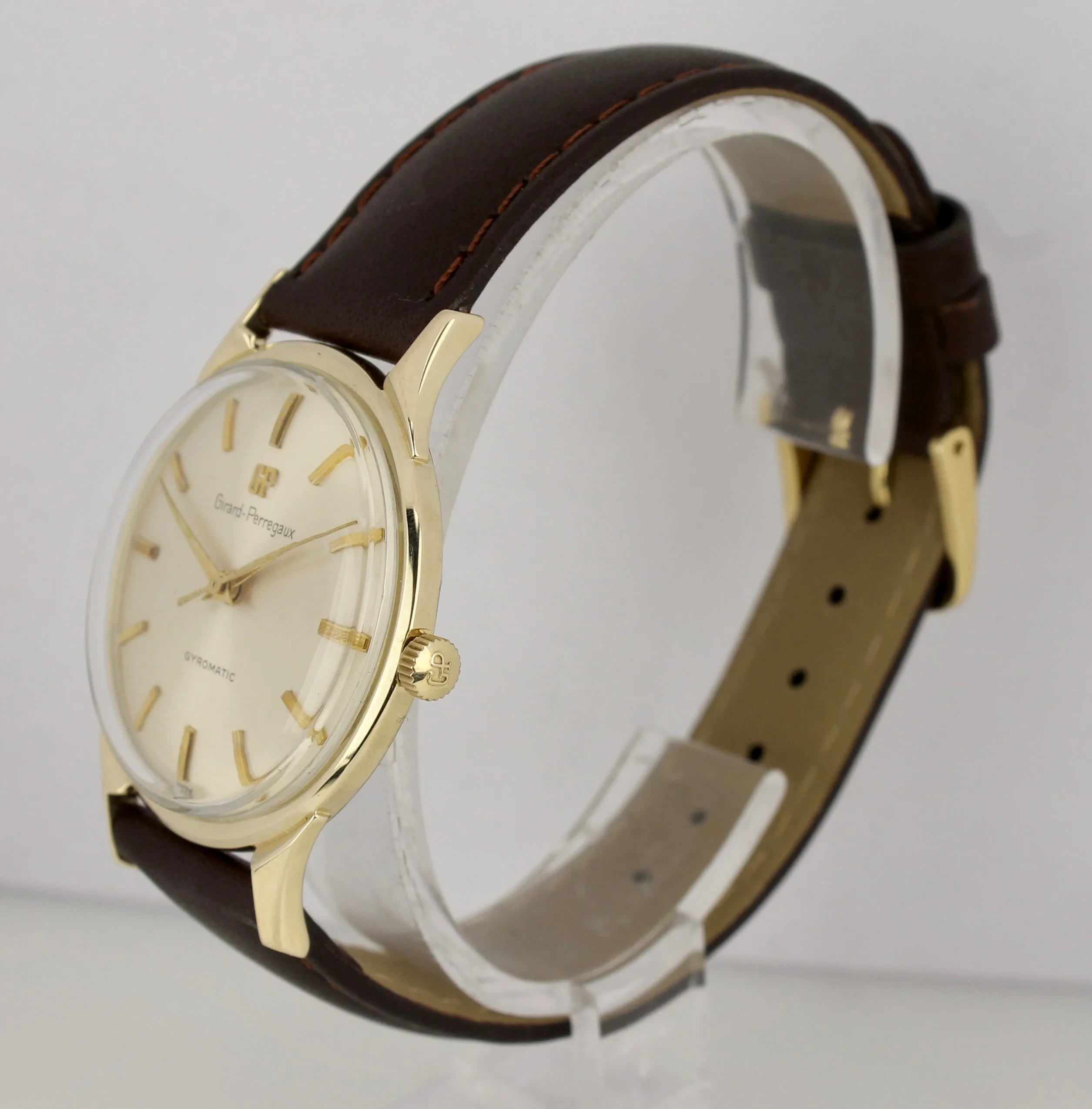 Vintage Girard Perregaux Gyromatic Silver 33mm 14K Yellow Gold Leather Watch