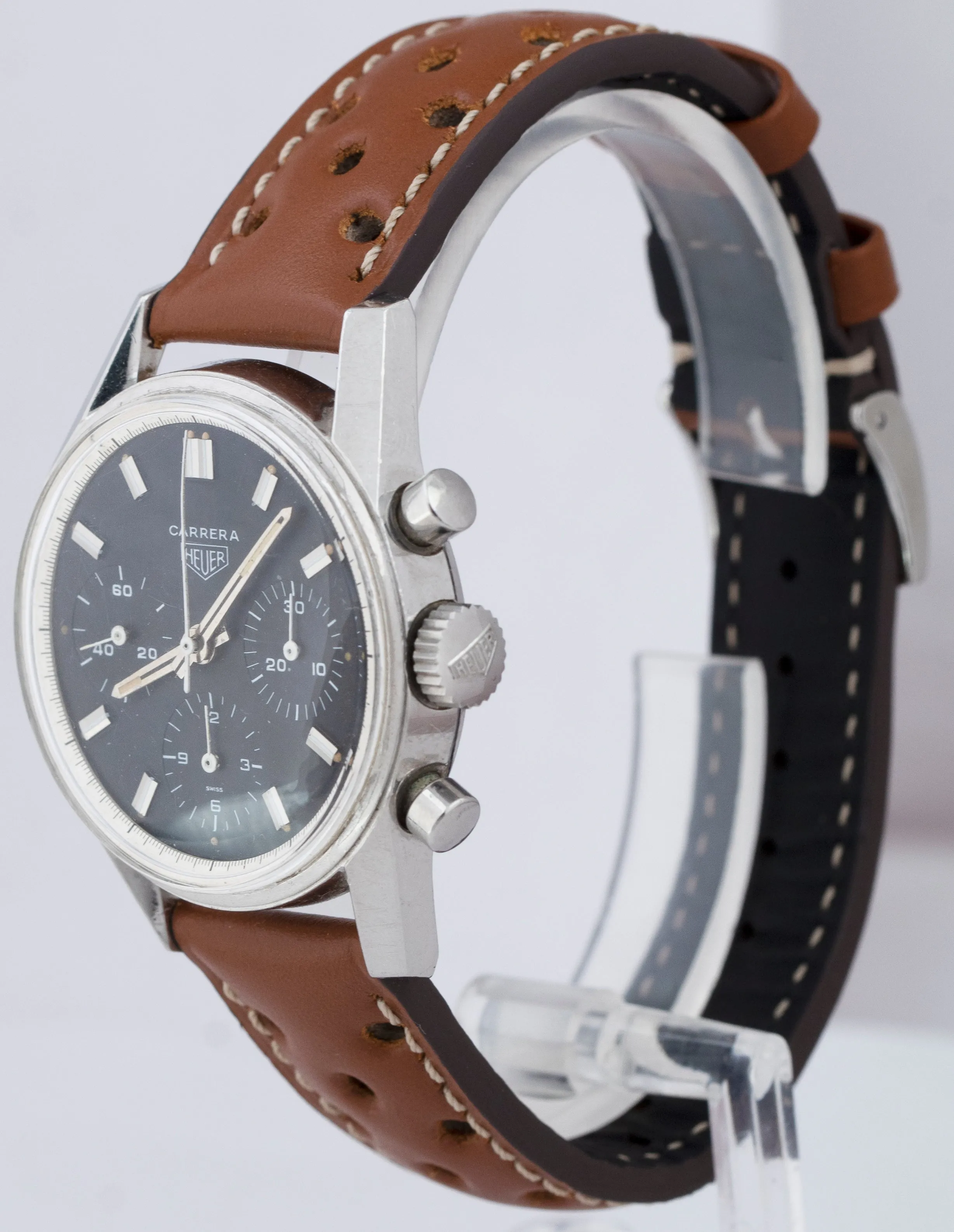 Vintage Heuer Carrera First Execution Black Stainless Steel 35.5mm Watch 2447N