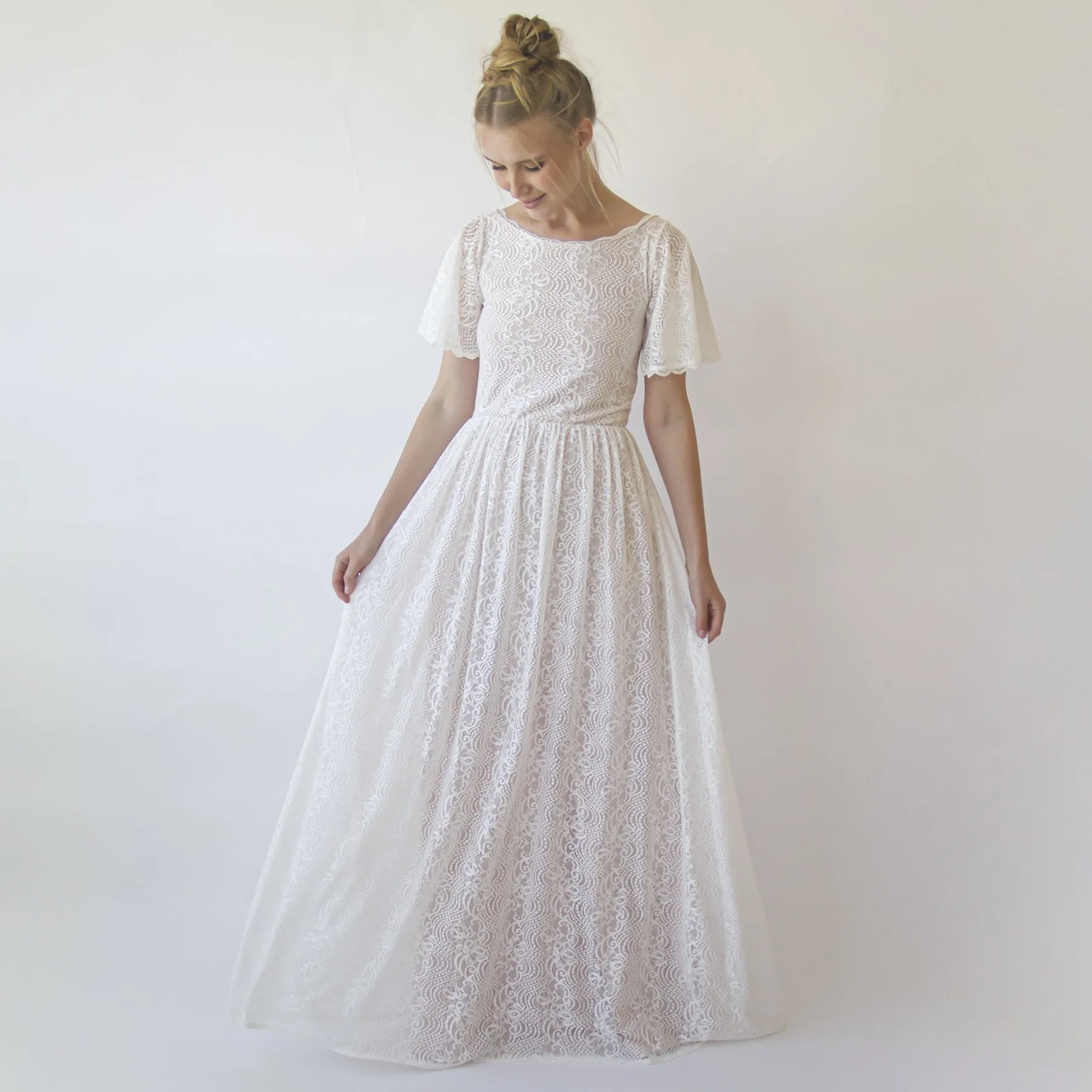Vintage Lace Wedding Dress, Short Sleeves Modest Pearly wedding dress #1346