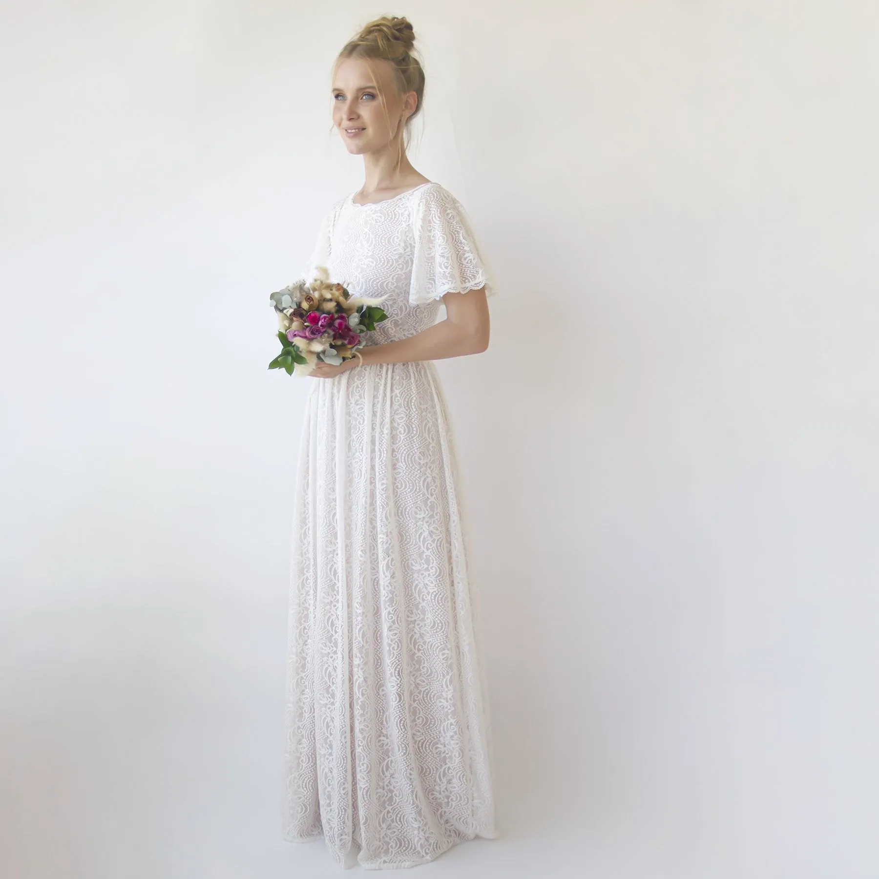 Vintage Lace Wedding Dress, Short Sleeves Modest Pearly wedding dress #1346