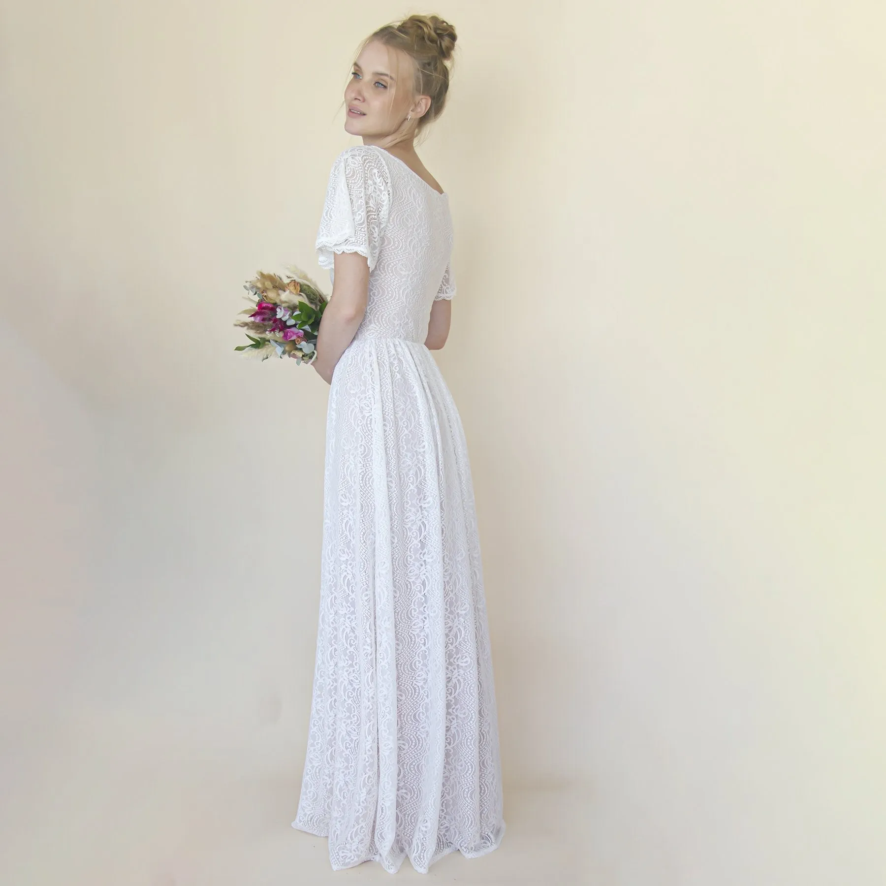 Vintage Lace Wedding Dress, Short Sleeves Modest Pearly wedding dress #1346