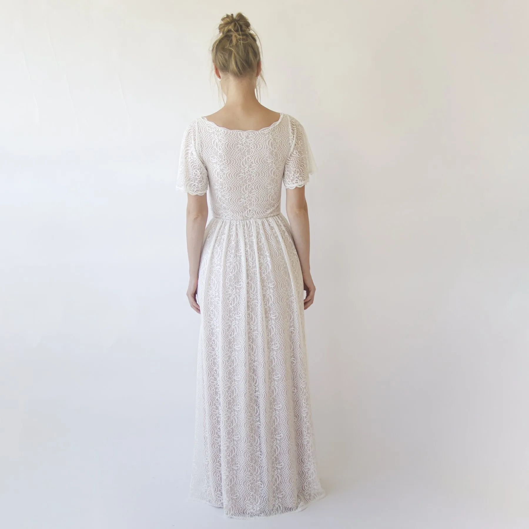 Vintage Lace Wedding Dress, Short Sleeves Modest Pearly wedding dress #1346