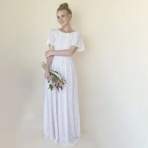 Vintage Lace Wedding Dress, Short Sleeves Modest Pearly wedding dress #1346