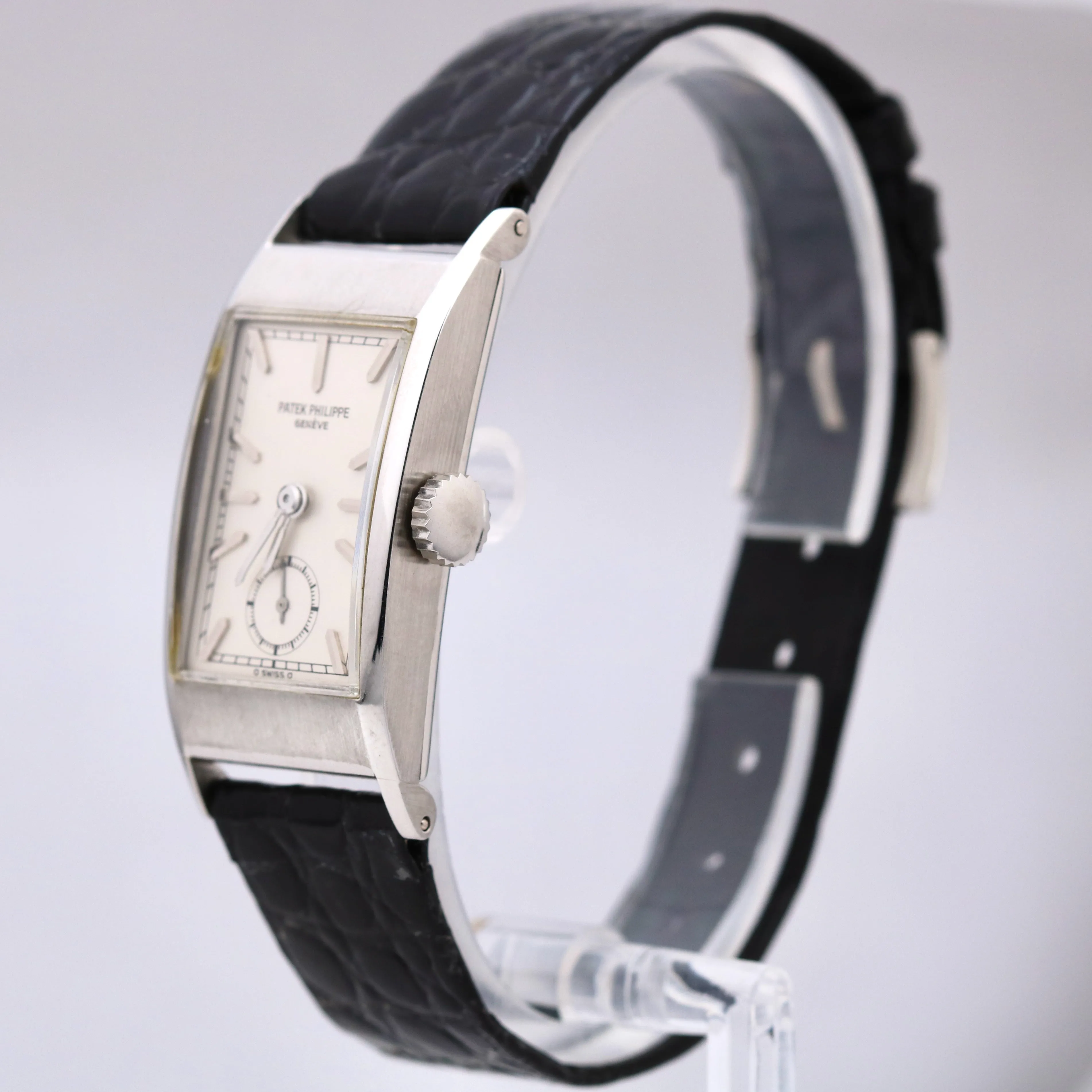 VINTAGE Patek Philippe Tegolino 425 PLATINUM Rectangle Silver Leather Watch