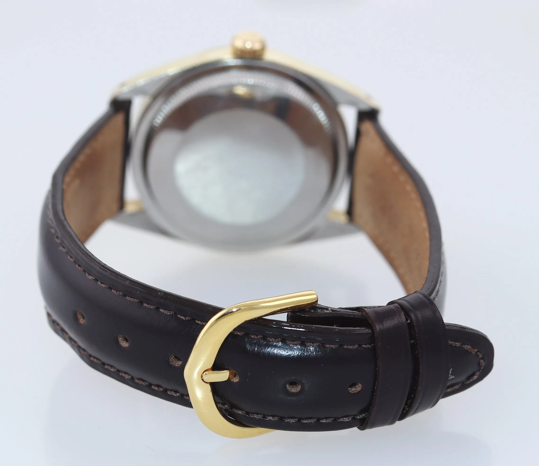 VTG Rolex Oyster Perpetual 1024 Silver 34mm 14k Gold Shell Steel Leather Watch