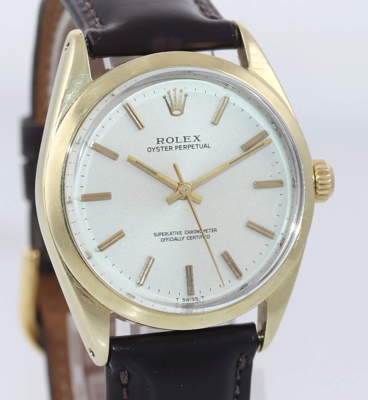VTG Rolex Oyster Perpetual 1024 Silver 34mm 14k Gold Shell Steel Leather Watch