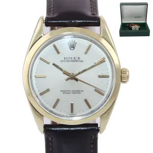 VTG Rolex Oyster Perpetual 1024 Silver 34mm 14k Gold Shell Steel Leather Watch