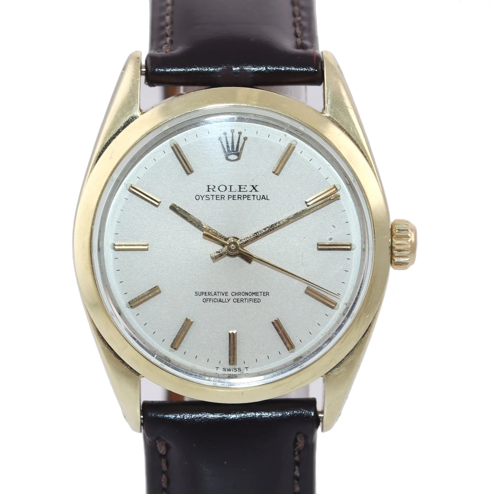 VTG Rolex Oyster Perpetual 1024 Silver 34mm 14k Gold Shell Steel Leather Watch