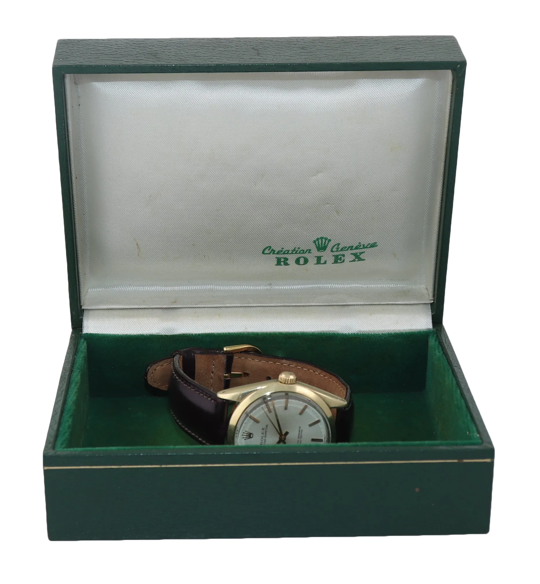 VTG Rolex Oyster Perpetual 1024 Silver 34mm 14k Gold Shell Steel Leather Watch