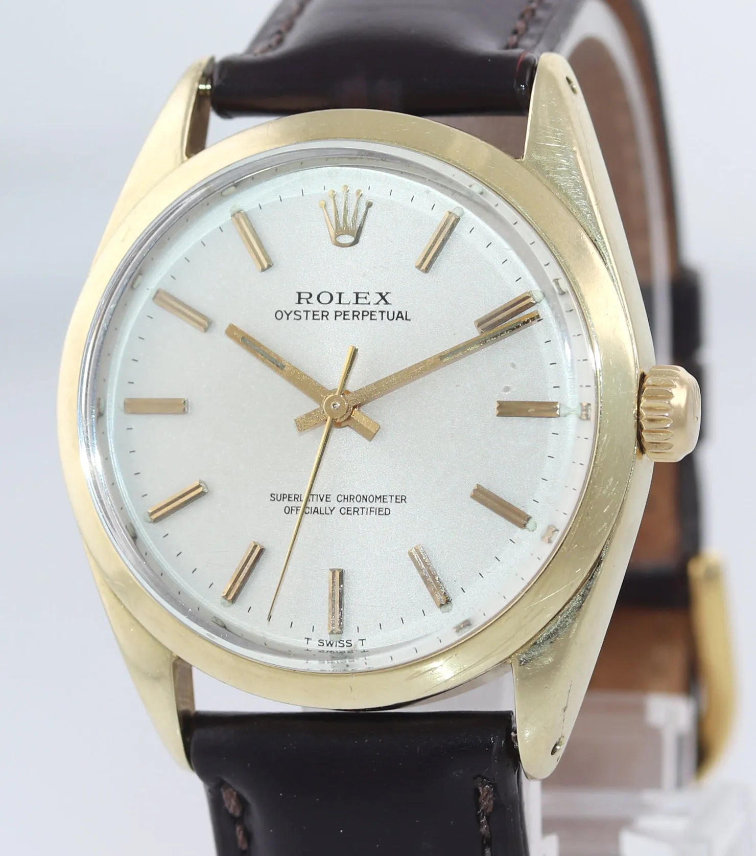 VTG Rolex Oyster Perpetual 1024 Silver 34mm 14k Gold Shell Steel Leather Watch
