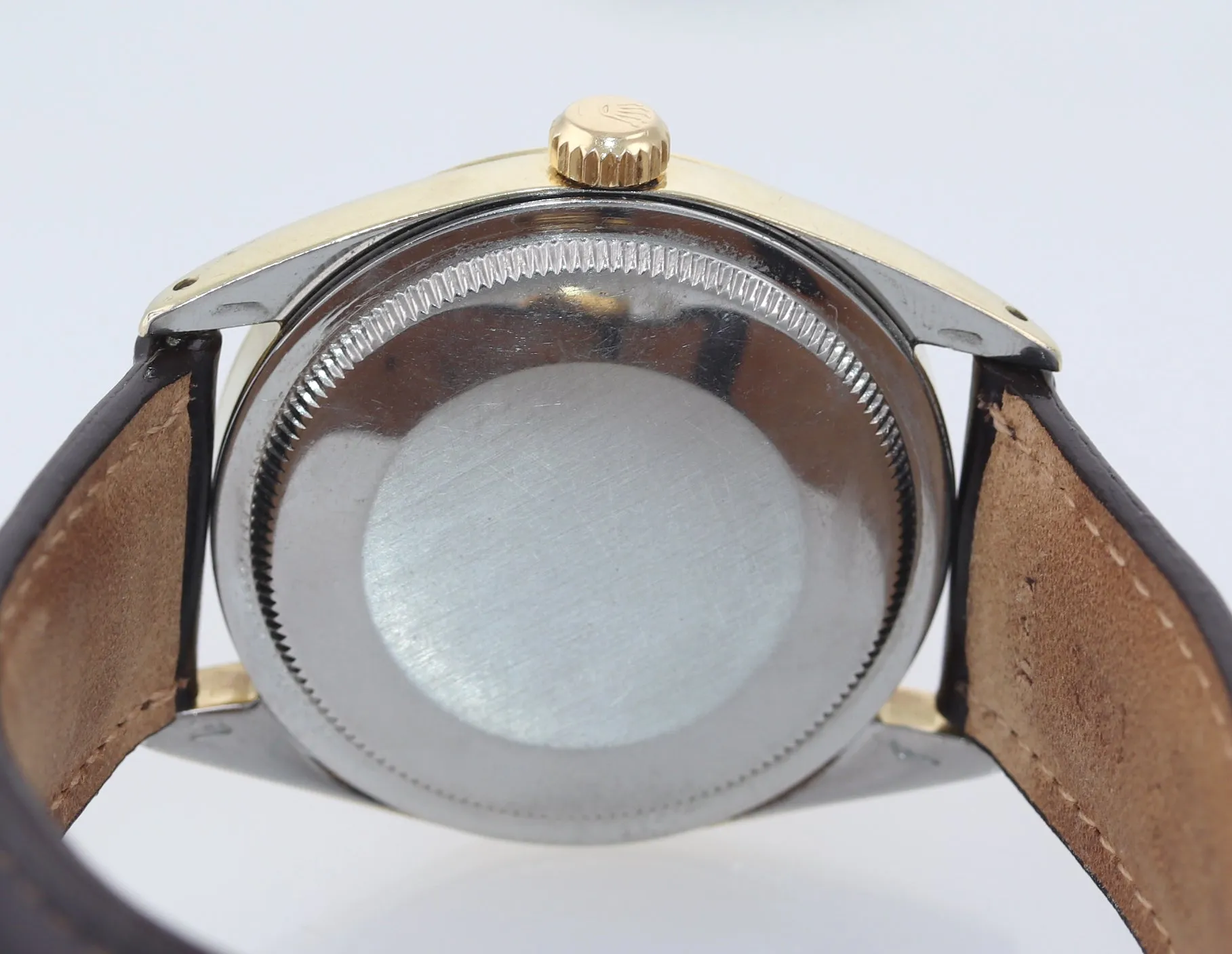 VTG Rolex Oyster Perpetual 1024 Silver 34mm 14k Gold Shell Steel Leather Watch