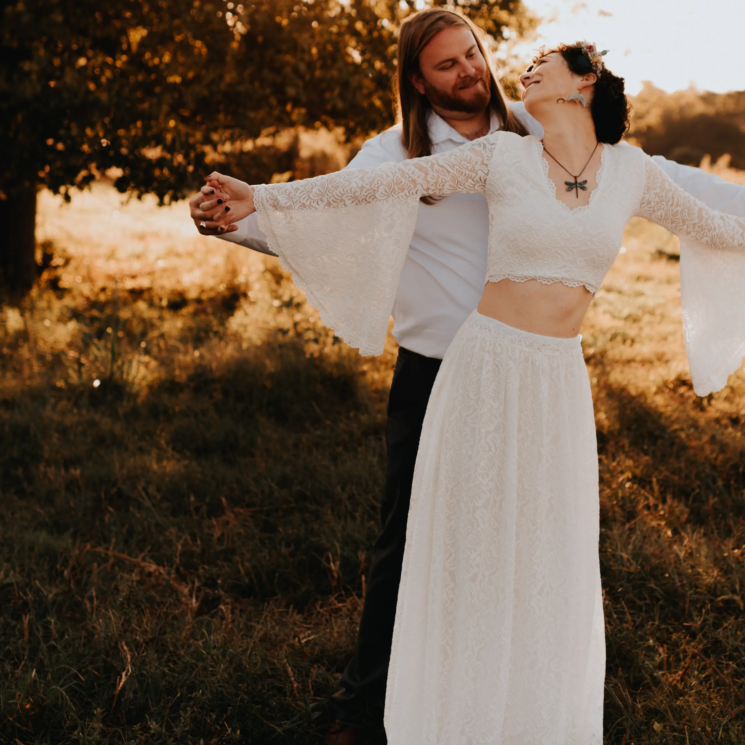 Wedding Dress Separates, Ivory  long bell sleeves top & maxi train lace skirt #1377