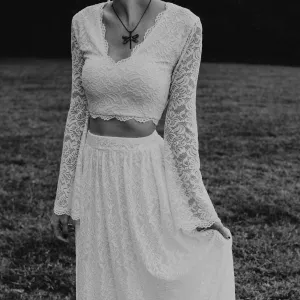 Wedding Dress Separates, Ivory  long bell sleeves top & maxi train lace skirt #1377