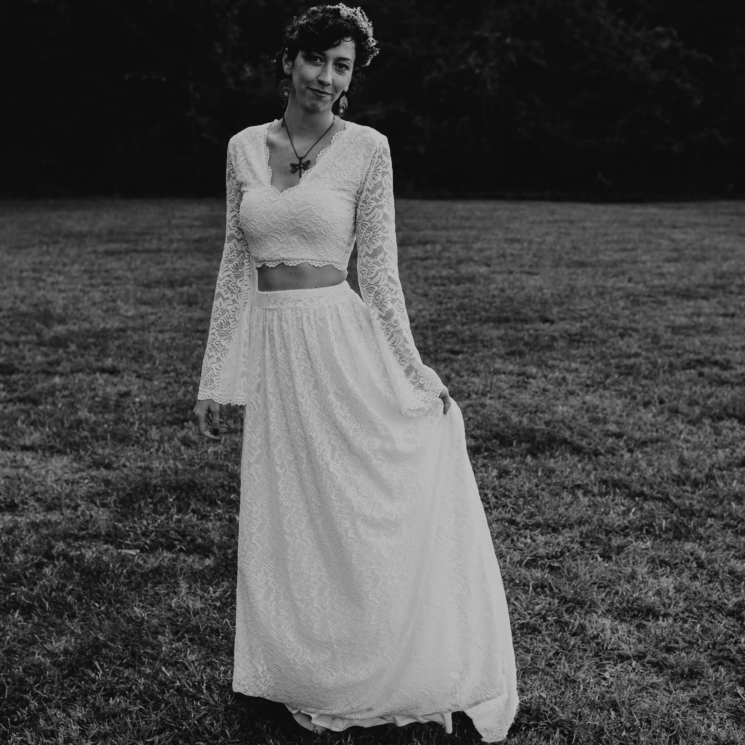 Wedding Dress Separates, Ivory  long bell sleeves top & maxi train lace skirt #1377