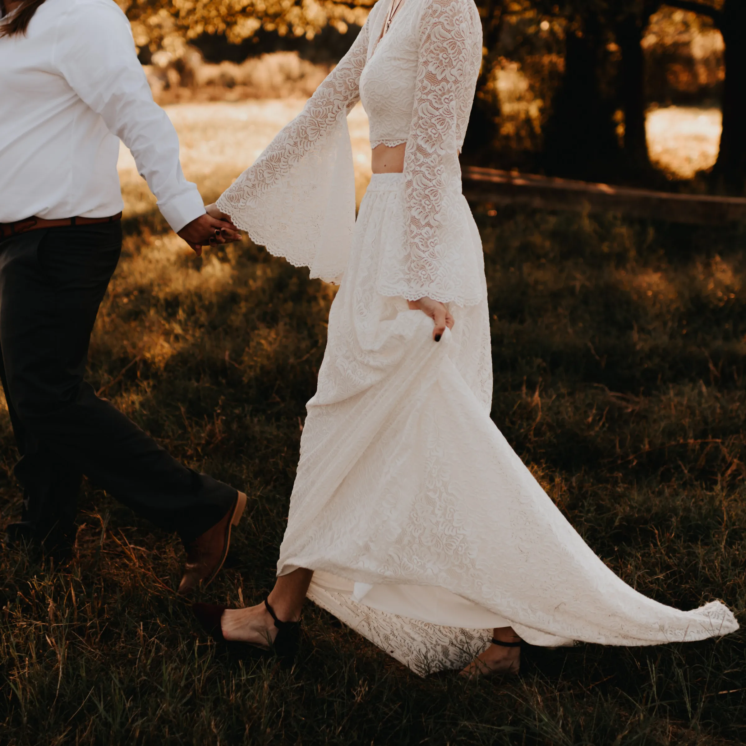 Wedding Dress Separates, Ivory  long bell sleeves top & maxi train lace skirt #1377