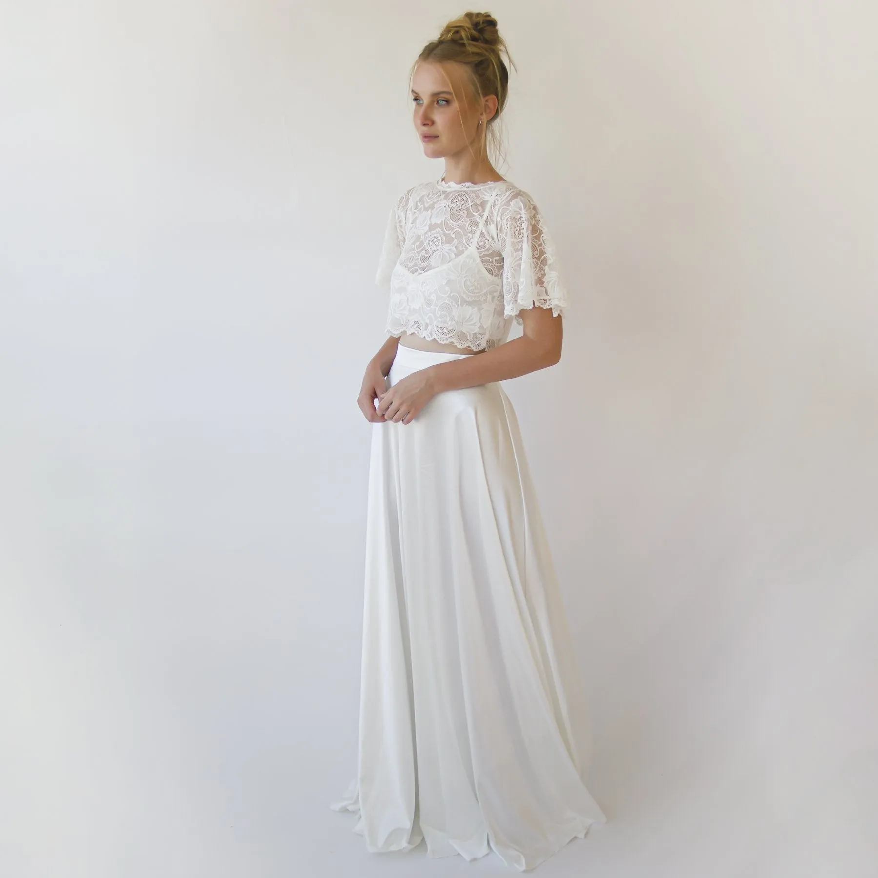 Wedding Dress Separates, Silky Wedding Maxi Skirt and Lace cropped Top #1353