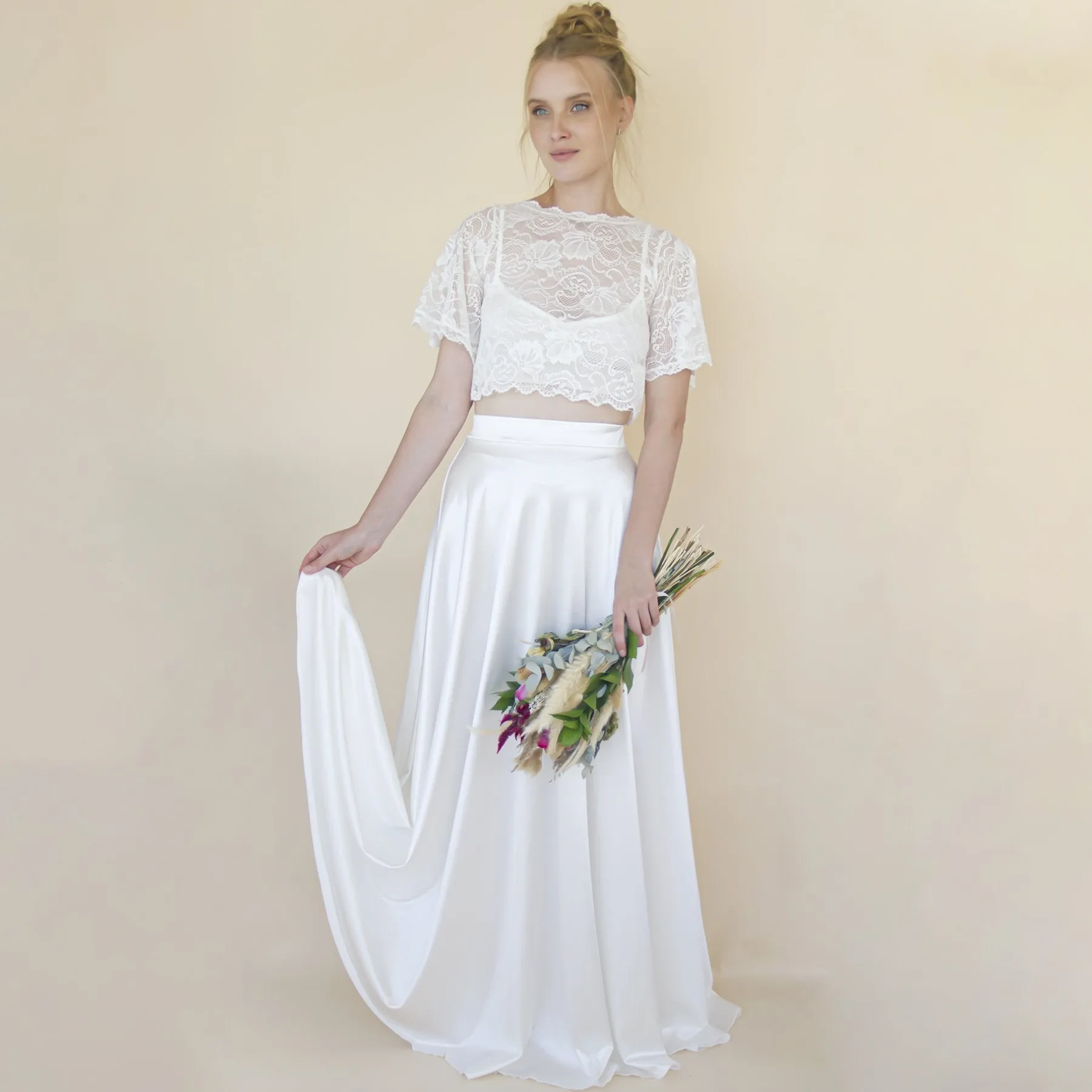 Wedding Dress Separates, Silky Wedding Maxi Skirt and Lace cropped Top #1353
