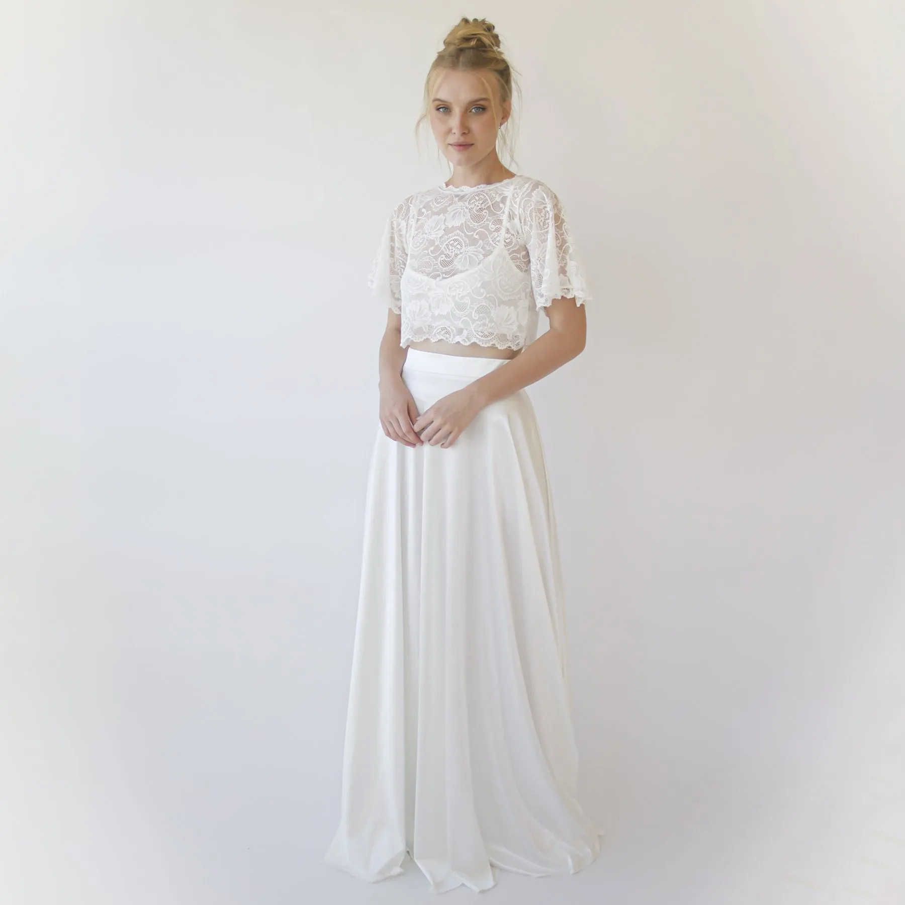 Wedding Dress Separates, Silky Wedding Maxi Skirt and Lace cropped Top #1353