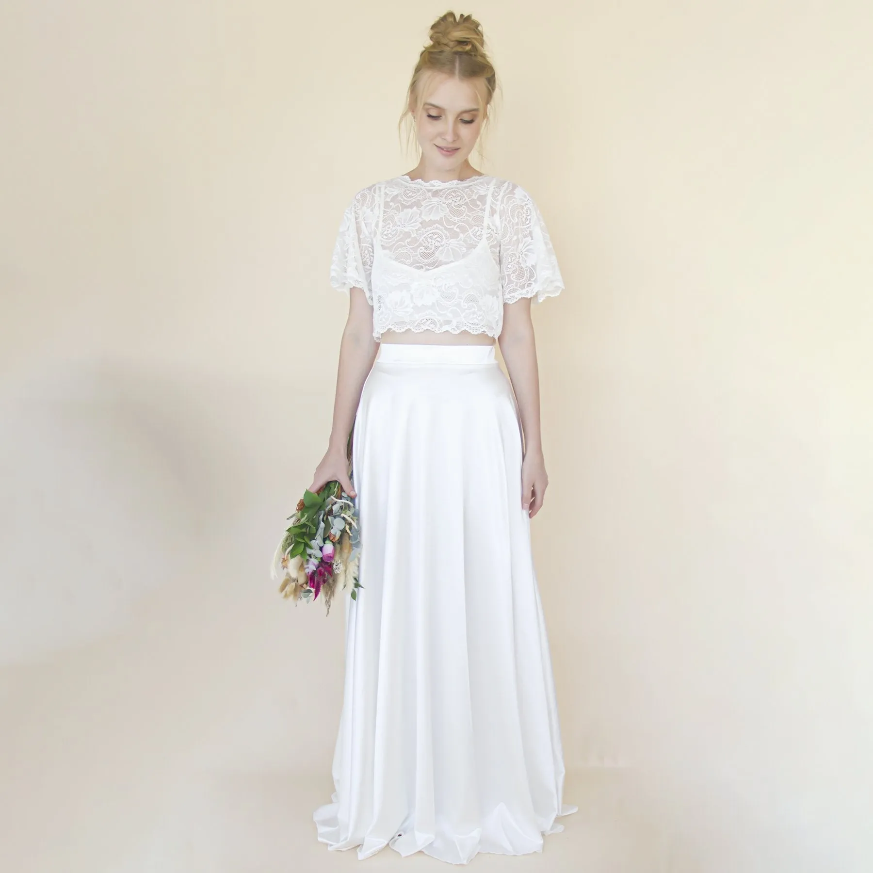 Wedding Dress Separates, Silky Wedding Maxi Skirt and Lace cropped Top #1353