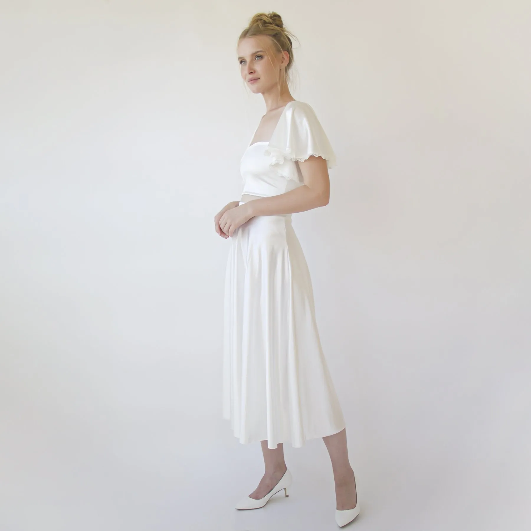 Wedding Dress Separates , Silky Wedding Midi Skirt and Silky Top , short wedding dress #1357