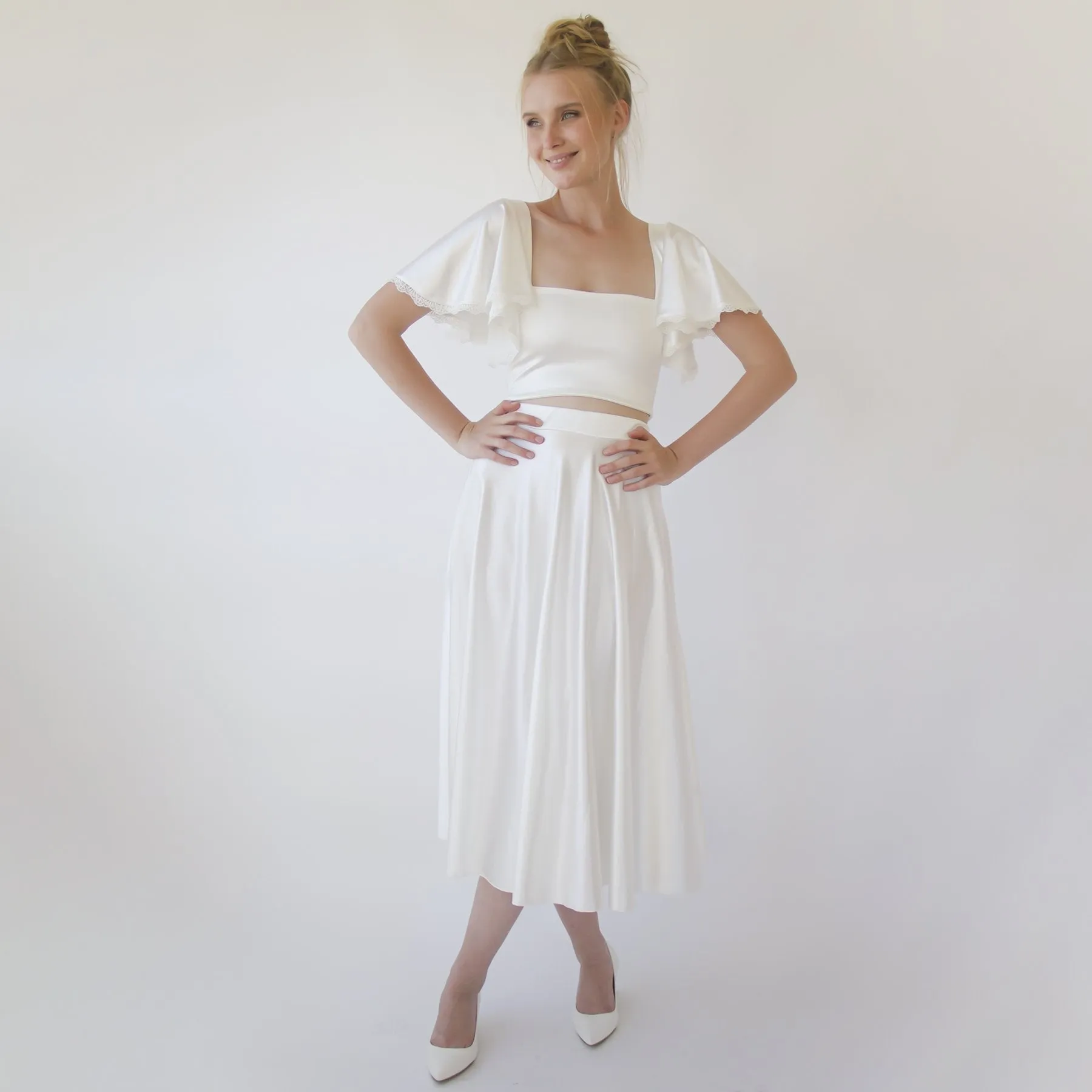 Wedding Dress Separates , Silky Wedding Midi Skirt and Silky Top , short wedding dress #1357