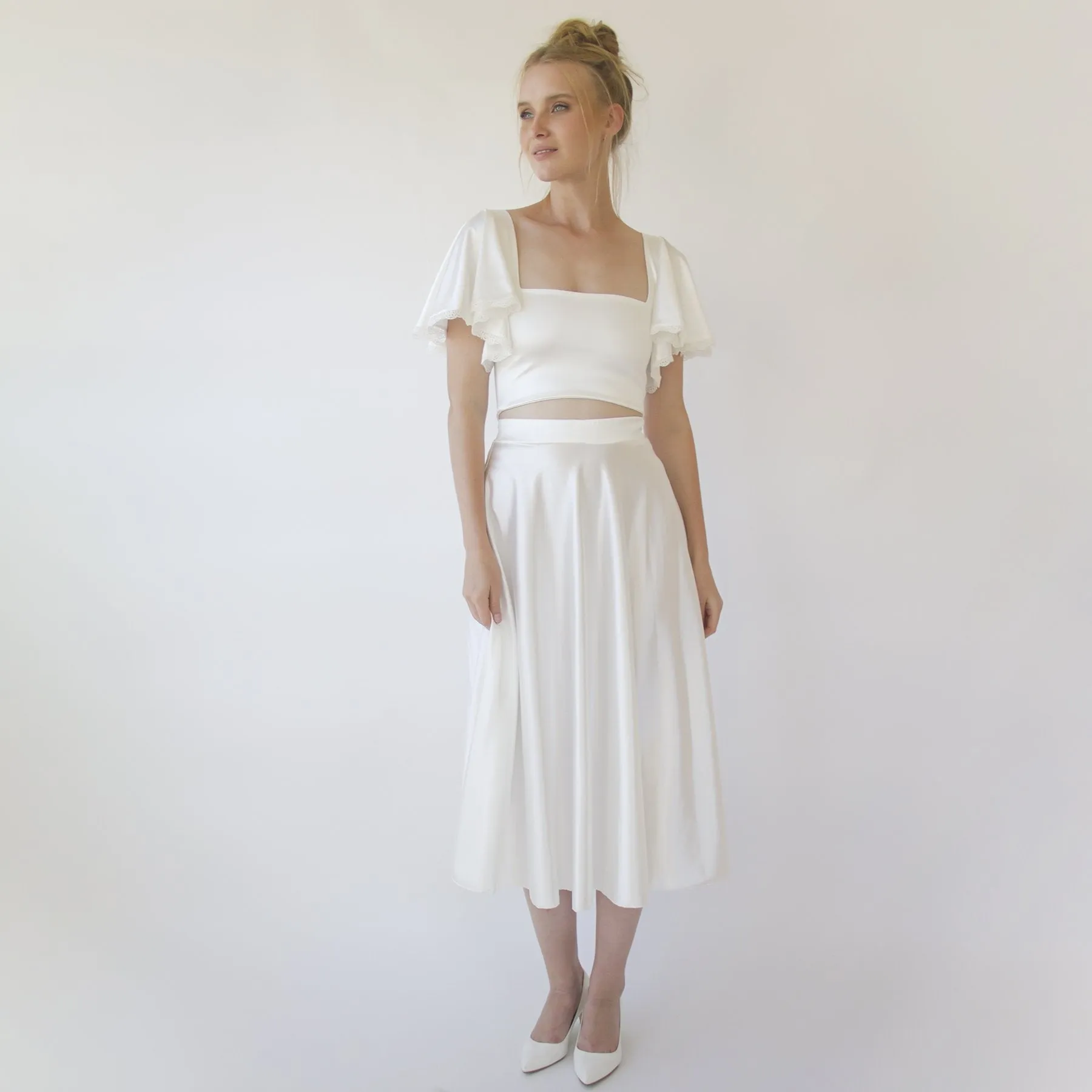 Wedding Dress Separates , Silky Wedding Midi Skirt and Silky Top , short wedding dress #1357