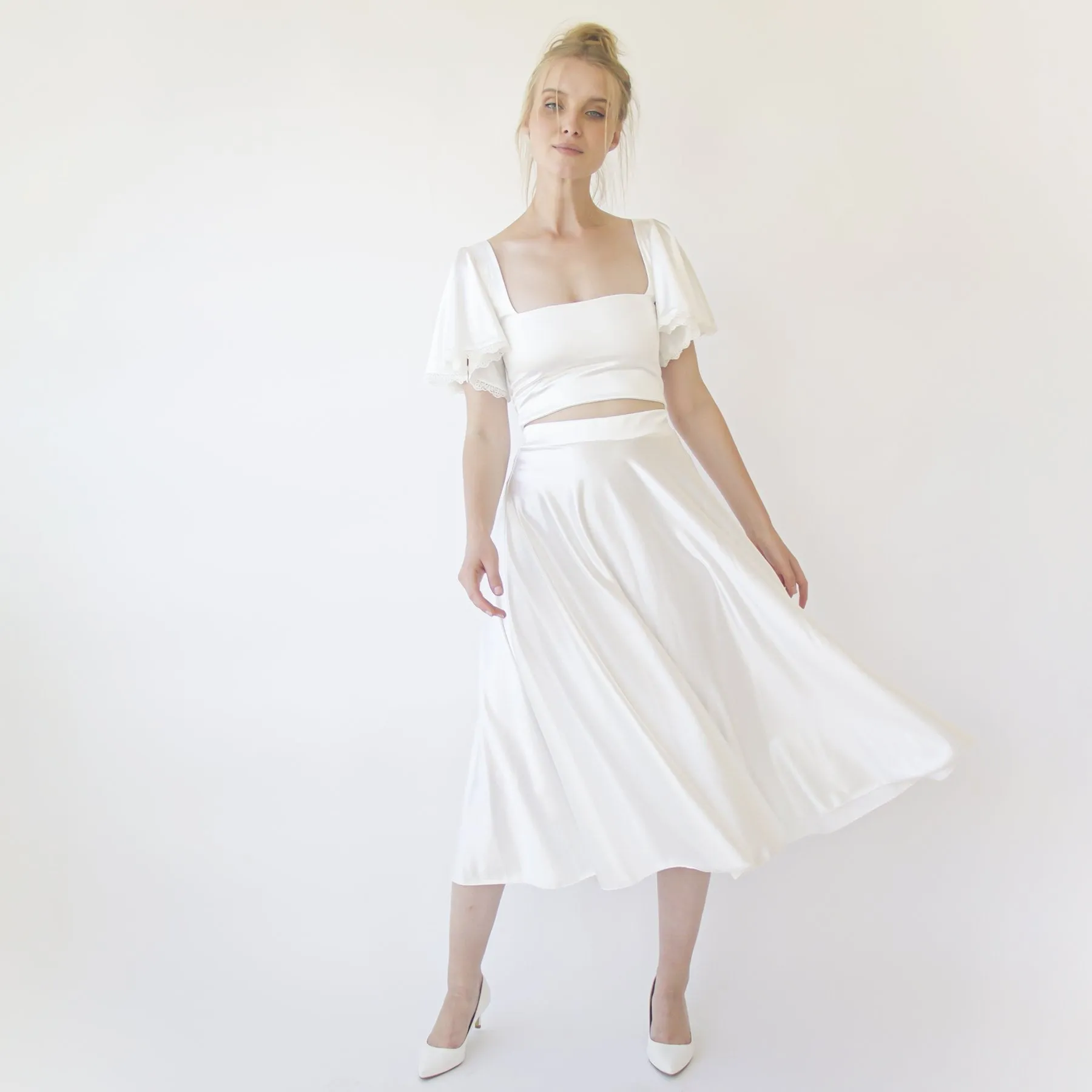 Wedding Dress Separates , Silky Wedding Midi Skirt and Silky Top , short wedding dress #1357