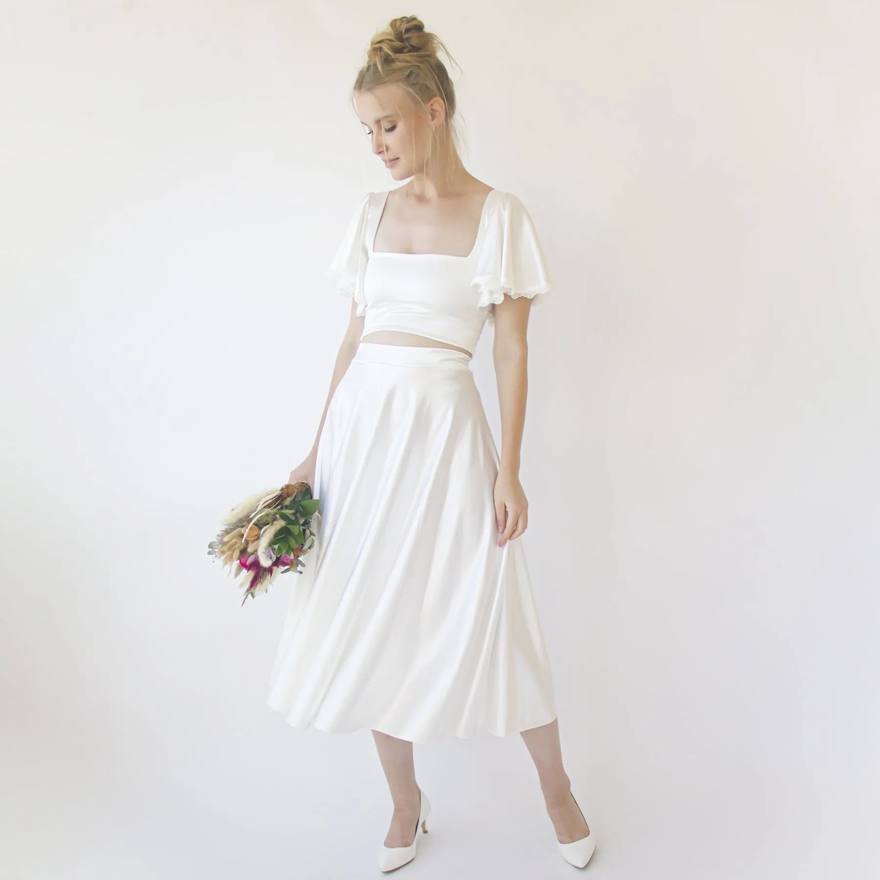 Wedding Dress Separates , Silky Wedding Midi Skirt and Silky Top , short wedding dress #1357