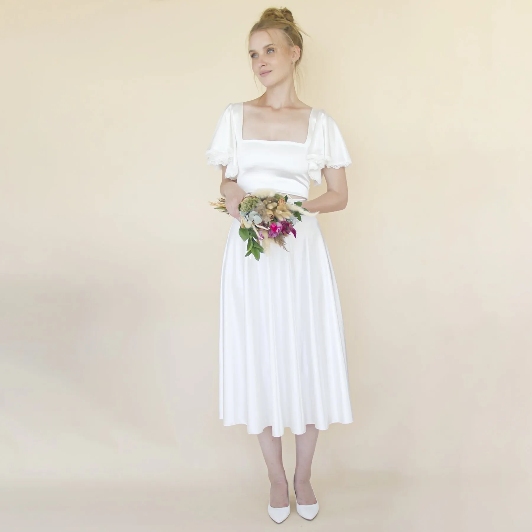 Wedding Dress Separates , Silky Wedding Midi Skirt and Silky Top , short wedding dress #1357