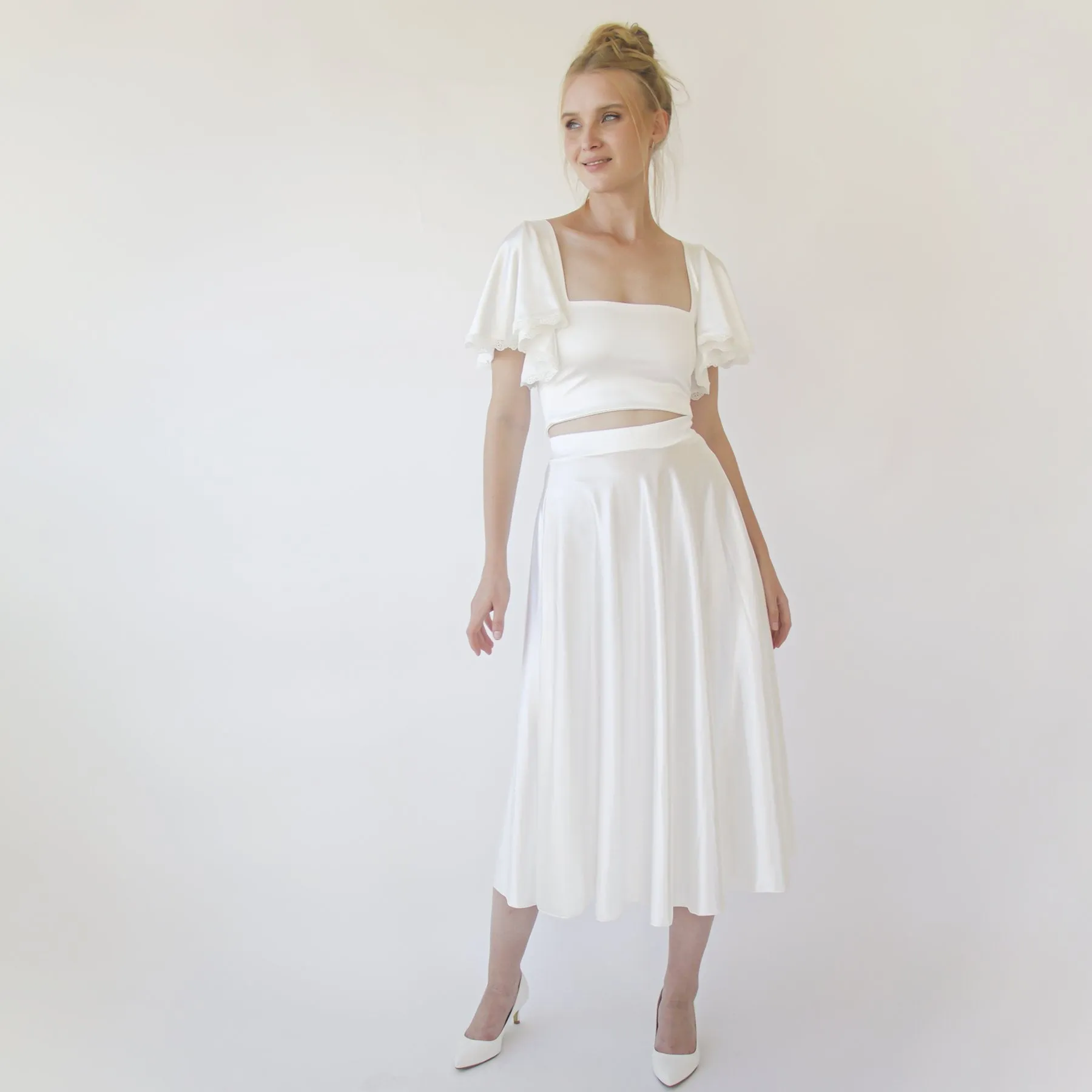 Wedding Dress Separates , Silky Wedding Midi Skirt and Silky Top , short wedding dress #1357