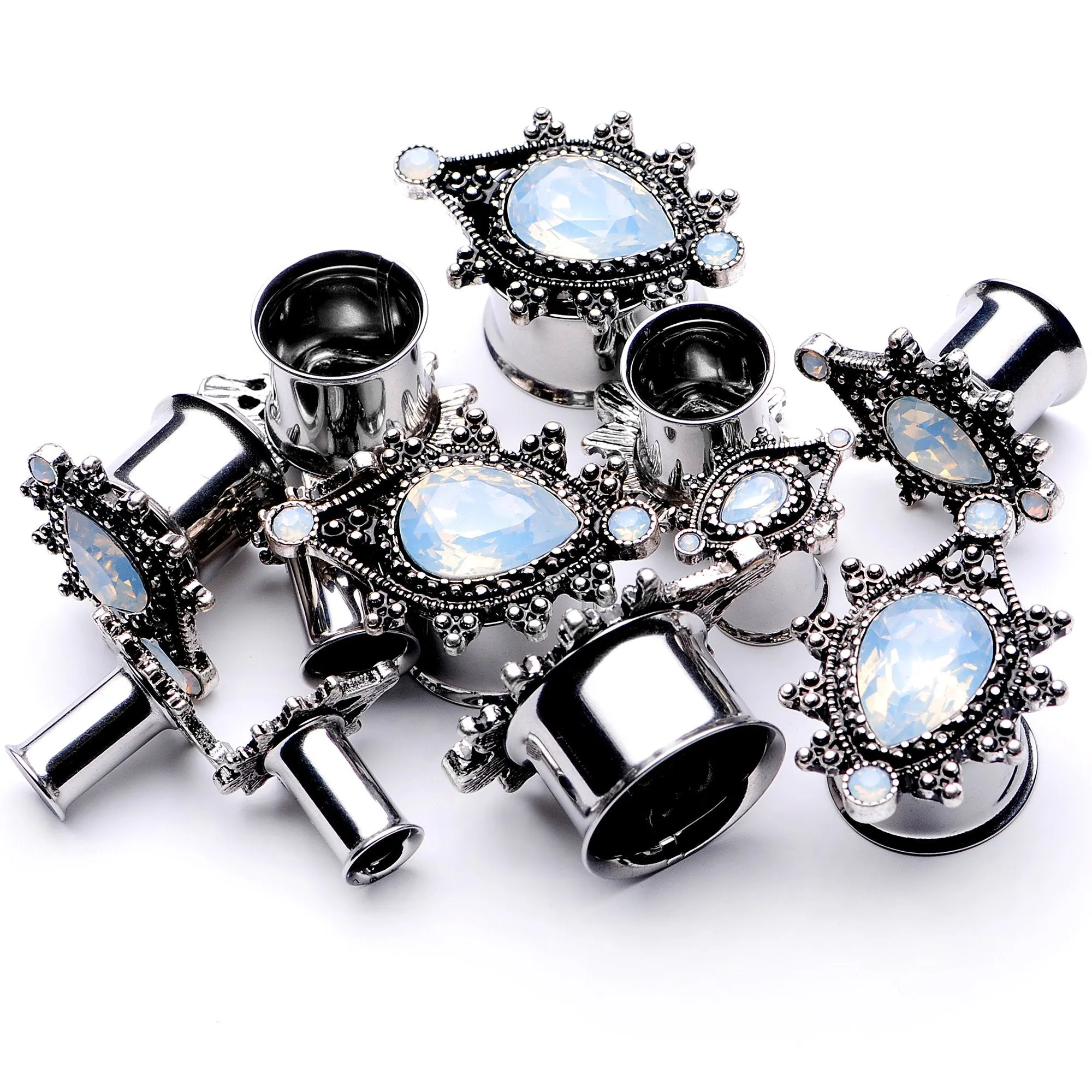 White Faux Opal Filigree Framed Double Flare Plug Set 6mm  to 12mm
