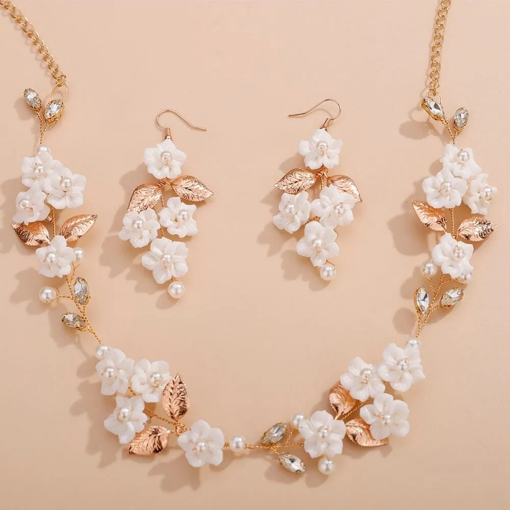 White Flower Wedding 3 PC Jewelry Set, Porcelain Flower Necklace and Earrings, or Floral Wire Bracelet or Headband