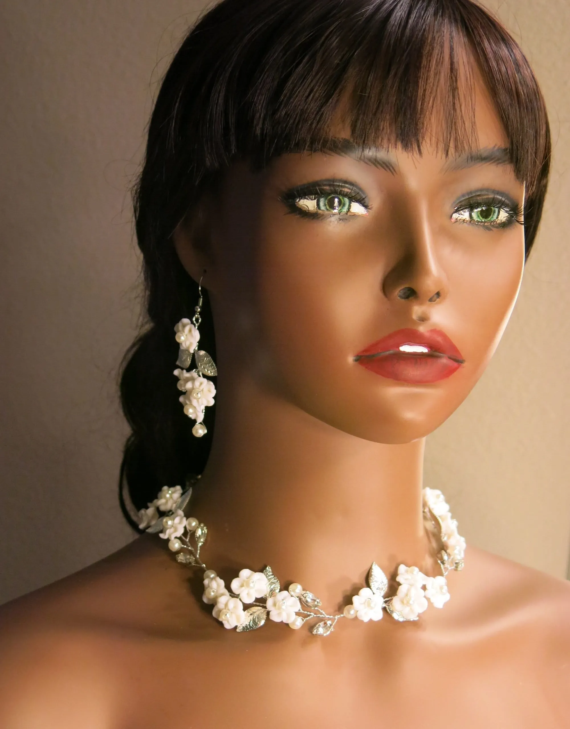 White Flower Wedding 3 PC Jewelry Set, Porcelain Flower Necklace and Earrings, or Floral Wire Bracelet or Headband