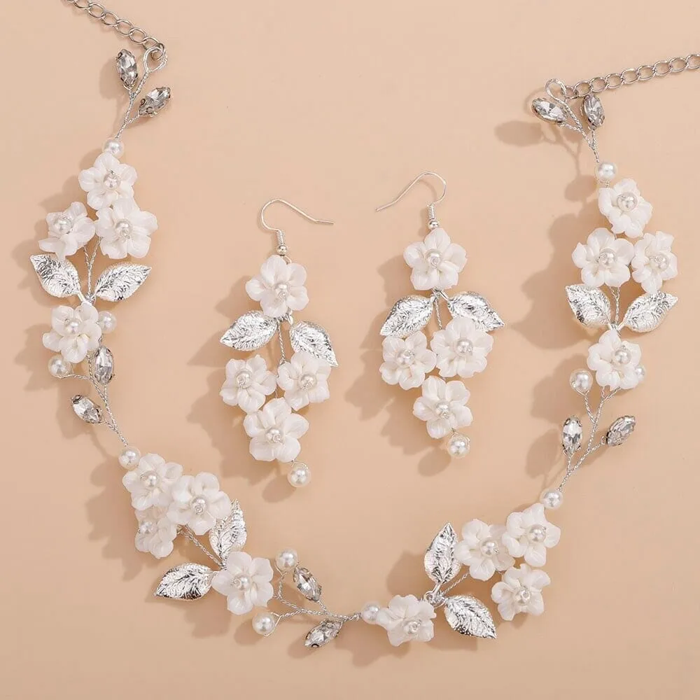 White Flower Wedding 3 PC Jewelry Set, Porcelain Flower Necklace and Earrings, or Floral Wire Bracelet or Headband